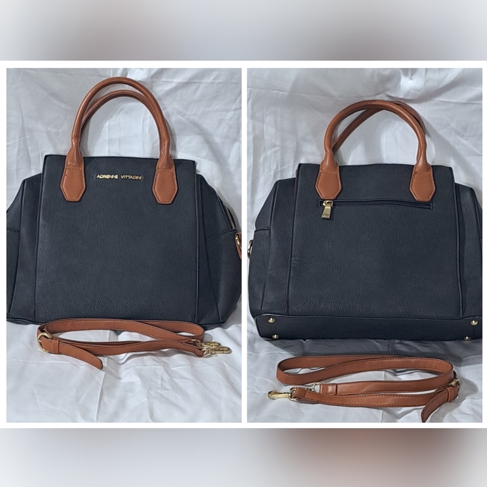 Adrienne Vittadini | Large Black/Brown Faux Leather Dome Satchel Crossbody Bag - Picture 5 of 16